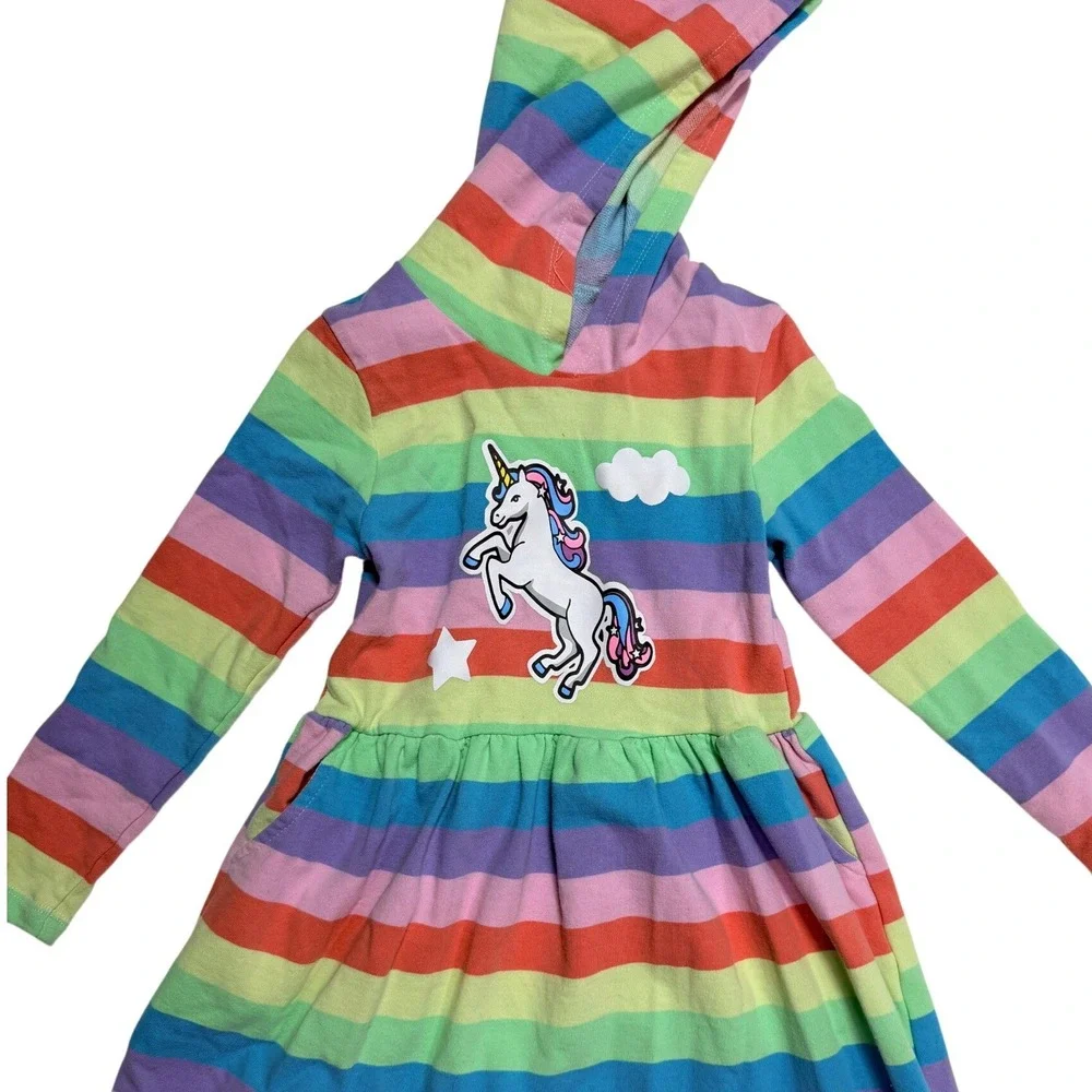 Vaschy Kids Unicorn Hoodie Sweatshirt Dress Girls 6T Rainbow Striped Pockets